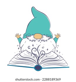 Cute cartoon gnome is reading a magic book. Vector illustration isolated on white background