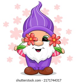 Cute cartoon gnome with red flowers. Vector illustration of a human on a white background with flowers.