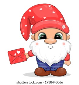 Cute cartoon gnome in red hat holds red letter with hearts. Vector illustration isolated on white.