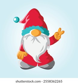 A cute cartoon gnome in a red hat giving a peace sign. Festive Christmas illustration.