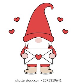 A cute cartoon gnome with a red hat holds a heart-themed envelope, surrounded by pink hearts, perfect for Valentine's Day.