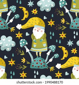 Cute cartoon gnome seamless pattern with mushroom, Scandinavian Nordic holiday background wallpaper. Funny print character, happy Christmas illustration.