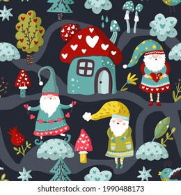 Cute Cartoon Gnome Seamless Pattern Scandinavian Stock Vector (Royalty ...