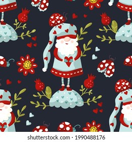 Cute cartoon gnome seamless pattern, Scandinavian Nordic holiday background wallpaper. Funny print character, happy Christmas illustration.