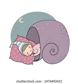 Cute cartoon gnome sleeps in a shell