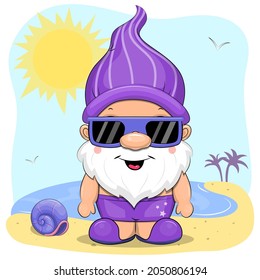 Cute cartoon gnome in a swimsuit and sunglasses on the beach. Summer vector illustration with sun, sea, palm tree.