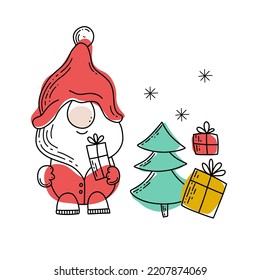 Cute cartoon gnome with tree and gifts isolated on a white background. Funny character. Winter vector illustration.