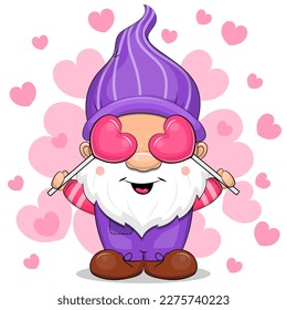 Cute cartoon gnome with two heart shaped candies. Vector illustration of a man with a beard on a white background with pink hearts.