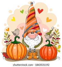 Cute Cartoon Gnome with two pumpkins and birds