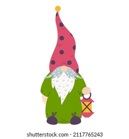 Cute cartoon gnome vector icon. Hand-drawn illustration isolated on white backdrop. Magical dwarf in a tall hat with a glowing lamp. Old fairy tale character, concept for decoration and design