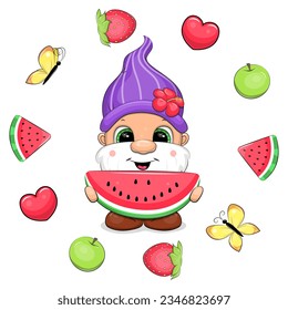 Cute cartoon gnome with watermelon in fruit frame. Vector illustration of a dwarf man with apples, watermelon, hearts, butterflies, strawberries on a white background.