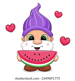 Cute cartoon gnome with watermelon. Vector illustration of a dwarf man with fruit and red hearts on a white background.