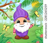 A cute cartoon gnome with a white beard in a purple hat and clothes standing in the forest. Vector illustration of a man in nature with trees and butterflies.
