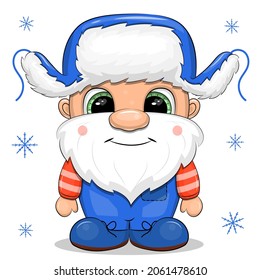 Cute Cartoon Gnome In A Winter Hat. Vector Illustration Of A Bearded Man On A White Background With Blue Snowflakes.