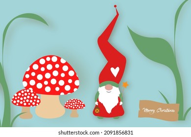 cute cartoon gnome wishes merry christmas. Scandinavian Nordic Santa Claus Elf in the woodland, vector isolated on blue background. Xmas elements for design, invitations, cards, childrens toys