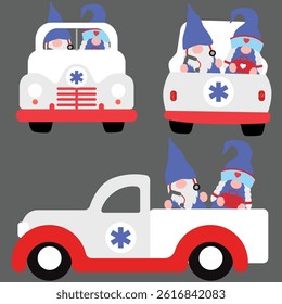 Cute Cartoon Gnomes with Ambulance car, Vector illustration