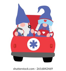 Cute Cartoon Gnomes with Ambulance car, Vector illustration
