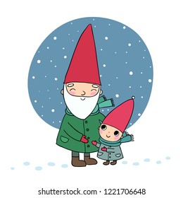 Cute cartoon gnomes. Christmas elves. Grandfather and grandson