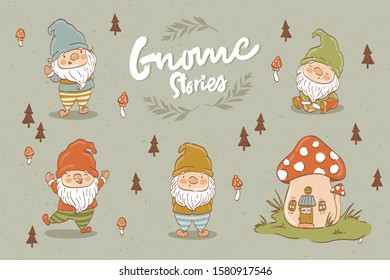 Cute cartoon gnomes or dwarfs collection. Set of hand drawn fairy tale characters.