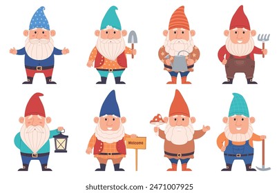 Lindos gnomos de dibujos animados. Personajes fabulosos. Hermosas decoraciones de jardín. Personajes encantadores con sombreros divertidos. Ilustración vectorial