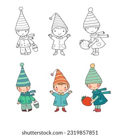 Cute cartoon gnomes . Forest elves. Little fairies. Illustration for coloring books. Monochrome and colored versions. Vector