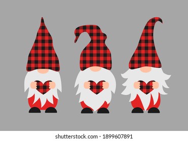 Cute cartoon gnomes holding heart. Red buffalo plaid pattern. Scandinavian Nordic Character. Vector template for Valentines Day banner, poster, greeting card, t-shirt, etc.