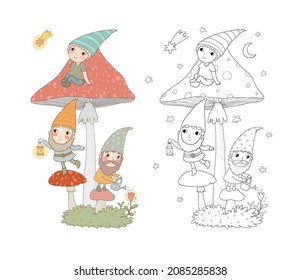 Cute cartoon gnomes live in a mushroom house. Cheerful wood elves. 
Little boys in caps. Illustration for coloring books. Monochrome and colored versions. Worksheet for children and adults
