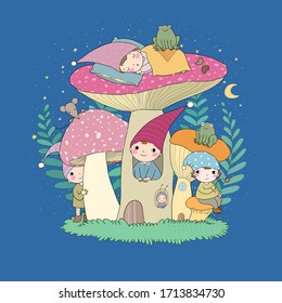 Cute cartoon gnomes, mushroom house and frogs. Forest magic elves