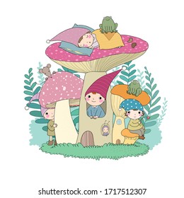 Cute cartoon gnomes, mushroom house and frogs. Forest magic elves