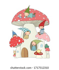 Cute cartoon gnomes, mushroom house and frog. Forest magic elves