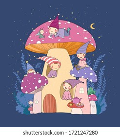 Cute cartoon gnomes, mushroom house and frogs. Forest magic elves