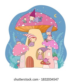 Cute cartoon gnomes, mushroom house and frog. Forest magic elves