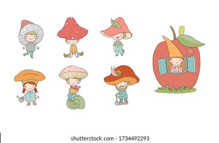 Cute cartoon gnomes mushrooms. Forest elves. Little fairies