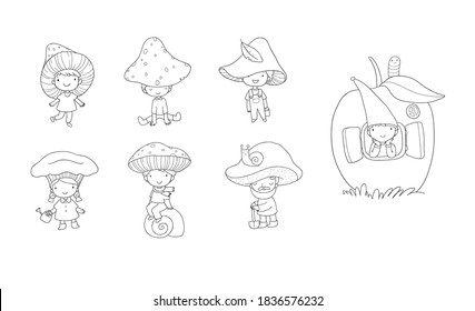 cute cartoon gnomes mushrooms. Forest elves. Little fairies