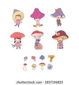 Cute cartoon gnomes mushrooms. Forest elves. Little fairies