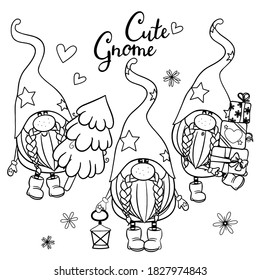 Cute Cartoon Gnomes outlined for coloring book isolated on a white background