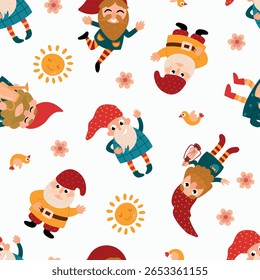 Bonito Desenho Animado Gnomos Padrão Sem Costura. Design para tecido, têxtil, papel de parede, embalagem	