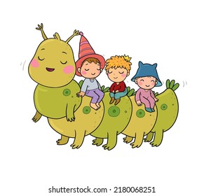 Cute cartoon gnomes are sitting on a caterpillar. Forest elves. Funny boys brothers. The little prince and his friends