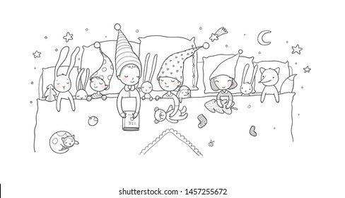 Cute cartoon gnomes sleep in a bed. Funny wood elves. Sleepy kids and toys 