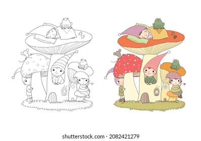 Cute cartoon gnomes sleep on mushrooms. Little wood elves, frogs and a mouse. Cheerful boys in caps. Illustration for coloring books. Monochrome and colored versions. Worksheet for children and adults