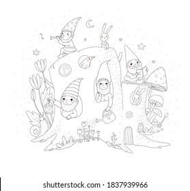 Cute cartoon gnomes in a stump house. Magic forest elves