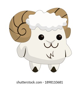 Cute cartoon, goat character with white fur and big horn