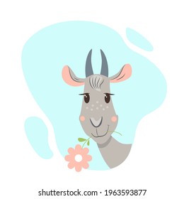 Cute cartoon goat with a flower. Funny nice animal.