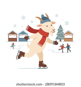 Cute cartoon goat ice skating at a festive winter market scene for holiday season with outdoor