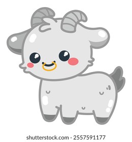 A cute cartoon goat isolated on a white background in a flat color style. Vector illustration suitable for kids' design, t-shirt, decor, and farm theme projects.