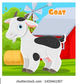Cute cartoon goat on a farm background