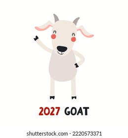 Cute cartoon goat, Vietnamese zodiac sign, astrological symbol, isolated on white. Hand drawn vector illustration. Flat style design. 2027 Lunar New Year, Tet card, banner, poster, horoscope element.