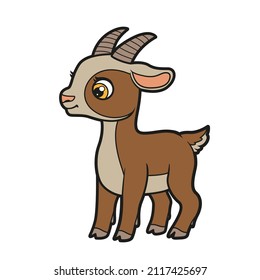 Cute cartoon goatling with big horns color variation for coloring page on white background