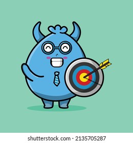 Cute cartoon goblin monster businessman holding target and arrow with happy expression