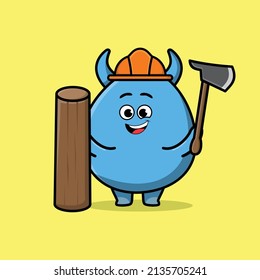 Cute cartoon goblin monster as carpenter character with ax and wood in 3d modern style design